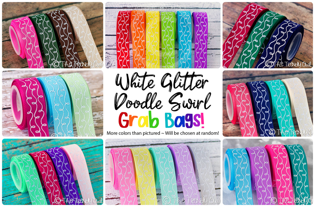 3/8" & 7/8" White Glitter Doodle Swirls 5yd Roll CLEARANCE GRAB BAGS