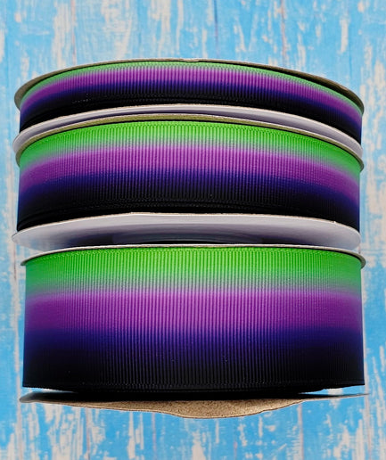 3/8", 7/8", 1.5" Double-Sided Green/Purple/Black Halloween Ombre Print - BY THE YARD