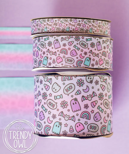 5/8", 1.5" & 3" BOO! Spooky Girly Doodles - Double Sided - BY THE YARD