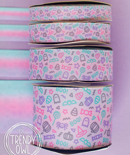 5/8", 7/8", 1.5" & 3" BOO! Spooky Girly Line Art - Double Sided - BY THE YARD