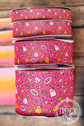 5/8", 7/8", 1.5" & 3" BOO! Spooky Halloween Doodles PINK - Double Sided - BY THE YARD