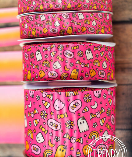 5/8", 7/8", 1.5" & 3" BOO! Spooky Halloween Doodles PINK - Double Sided - BY THE YARD