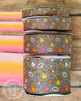 5/8", 7/8", 1.5" & 3" BOO! Spooky Halloween Doodles GREY - Double Sided - BY THE YARD