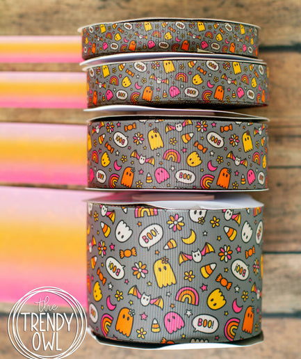 5/8", 7/8", 1.5" & 3" BOO! Spooky Halloween Doodles GREY - Double Sided - BY THE YARD