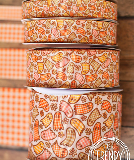 5/8", 7/8", 1.5" & 3" Fall Gingham Ghosties - Double Sided - BY THE YARD