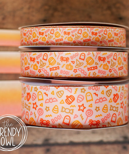 5/8", 7/8", 1.5" BOO! Spooky Fall Doodles - Double Sided - BY THE YARD