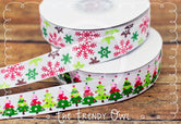 7/8" Merry Snowflakes & Christmas Trees - Glittered Winter Prints - 5yd Roll