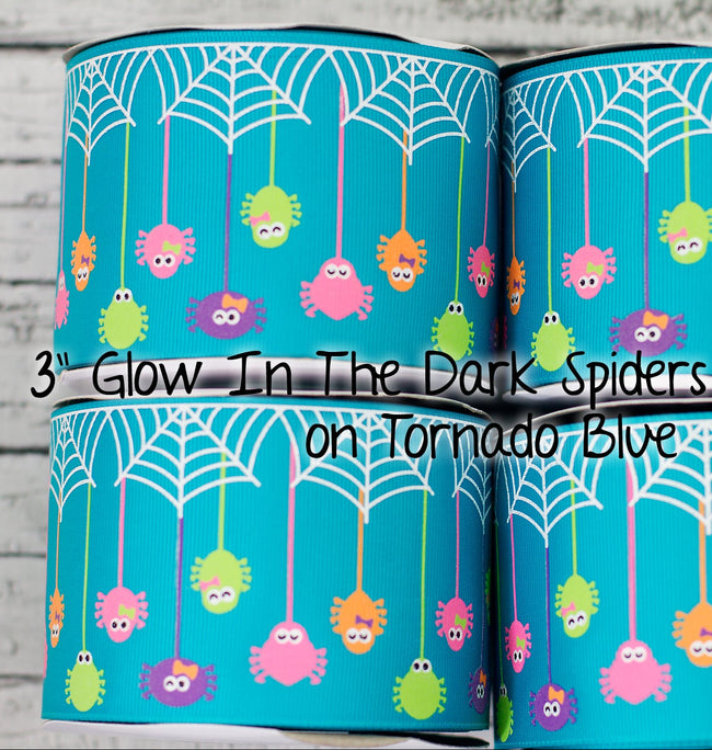 3" Glow In The Dark Spiders!! on Tornado Blue - By The Yard