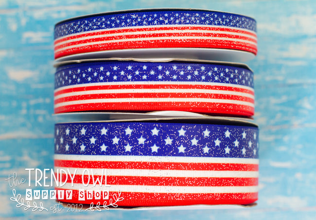 5/8", 7/8", 1.5" Glittered Flag Patriotic Print! - BY THE YARD