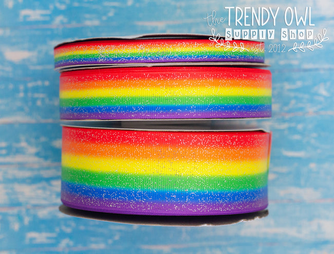 3/8", 7/8", 1.5" Glittered Traditional Rainbow Stripes! - BY THE YARD