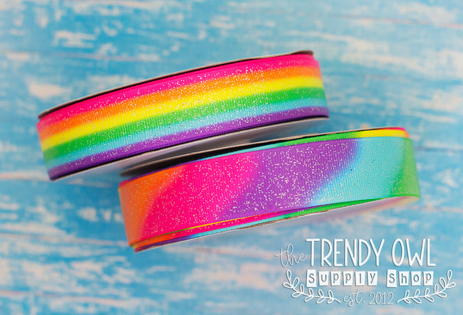 7/8" Glittered Bright Rainbow Stripes & TieDye - BY THE YARD