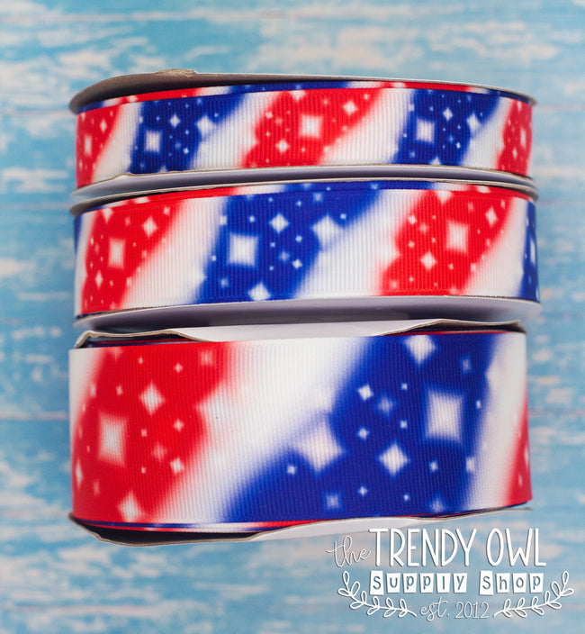 5/8", 7/8", 1.5" Red/White/Blue Sparkle TieDye Patriotic Print! - BY THE YARD