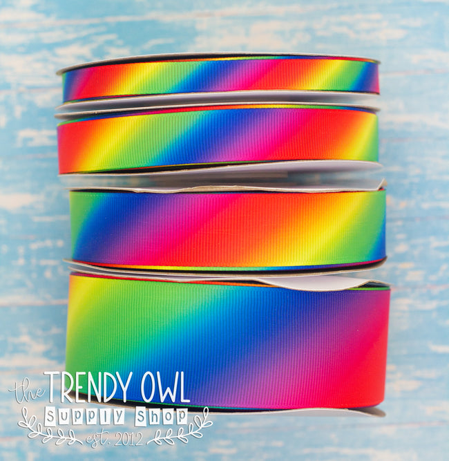3/8", 5/8", 7/8", 1.5" Double-Sided Traditional Rainbow Gradient Print - BY THE YARD