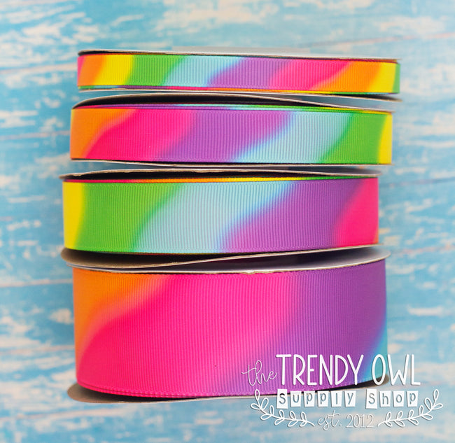 3/8", 5/8", 7/8", 1.5" Double-Sided Bright Rainbow TieDye Print - BY THE YARD