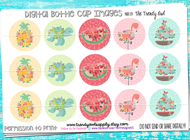 Summer Floral - 1" Bottle Cap Images - INSTANT DOWNLOAD