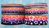 3/8", 7/8", 1.5" Glow-In-The-Dark!! Doodles & Stars on Orange/Purple/Black Ombre - BY THE YARD