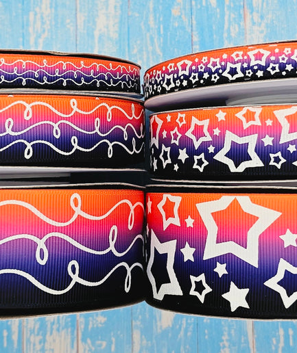 3/8", 7/8", 1.5" Glow-In-The-Dark!! Doodles & Stars on Orange/Purple/Black Ombre - BY THE YARD