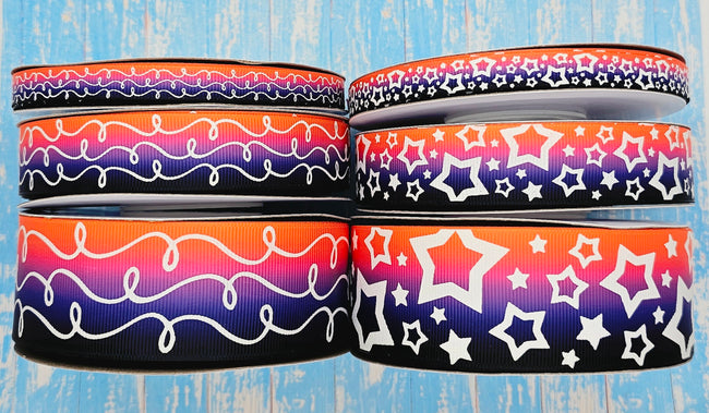 3/8", 7/8", 1.5" Glow-In-The-Dark!! Doodles & Stars on Orange/Purple/Black Ombre - BY THE YARD