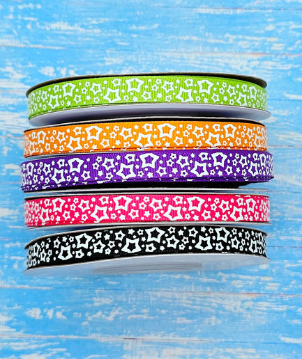 3/8" Glow-In-The-Dark!! Stars on Halloween Solids - BY THE YARD