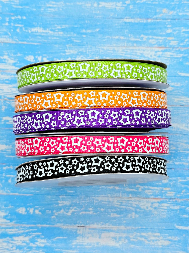 3/8" Glow-In-The-Dark!! Stars on Halloween Solids - BY THE YARD
