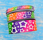 3/8", 7/8", 1.5" Glow-In-The-Dark!! Doodles & Stars on Halloween TieDye Print - BY THE YARD