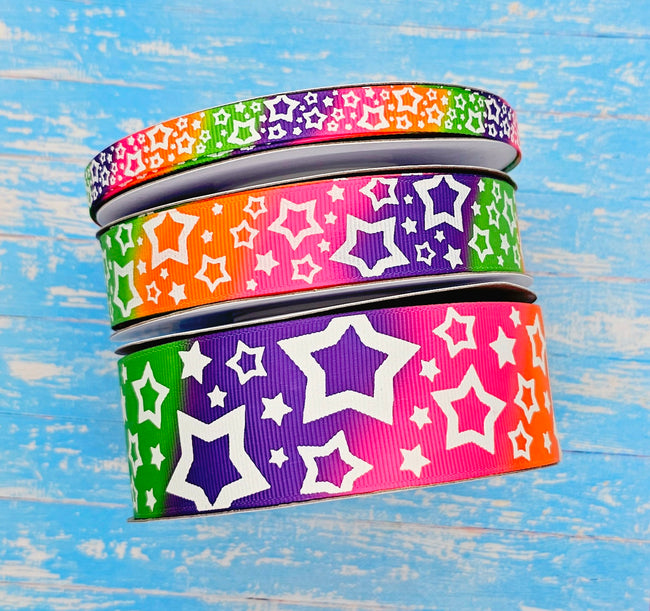 3/8", 7/8", 1.5" Glow-In-The-Dark!! Doodles & Stars on Halloween TieDye Print - BY THE YARD
