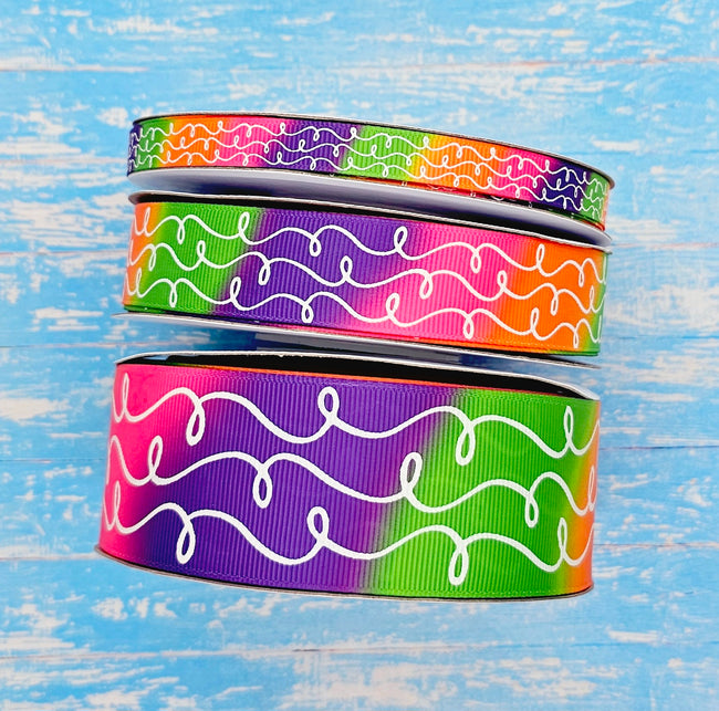 3/8", 7/8", 1.5" Glow-In-The-Dark!! Doodles & Stars on Halloween TieDye Print - BY THE YARD