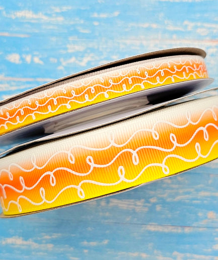 3/8" & 7/8" Glow-In-The-Dark!! Doodle Swirls on Candy Corn Ombre - BY THE YARD