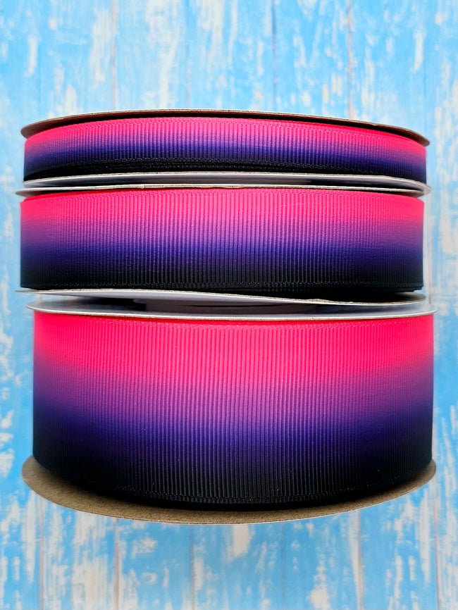 3/8", 7/8", 1.5" Double-Sided Pink/Purple/Black Halloween Ombre Print - BY THE YARD