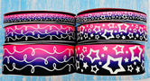 3/8", 7/8", 1.5" Glow-In-The-Dark!! Doodles & Stars on Pink/Purple/Black Ombre - BY THE YARD