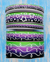 3/8", 7/8", 1.5" Glow-In-The-Dark!! Doodles & Stars on Green/Purple/Black Ombre - BY THE YARD