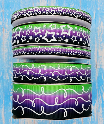 3/8", 7/8", 1.5" Glow-In-The-Dark!! Doodles & Stars on Green/Purple/Black Ombre - BY THE YARD