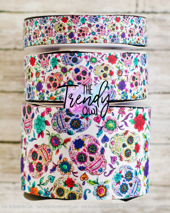 7/8", 1.5" & 3" White or Black Sugar Skulls - Heat Transfer - BY THE YARD