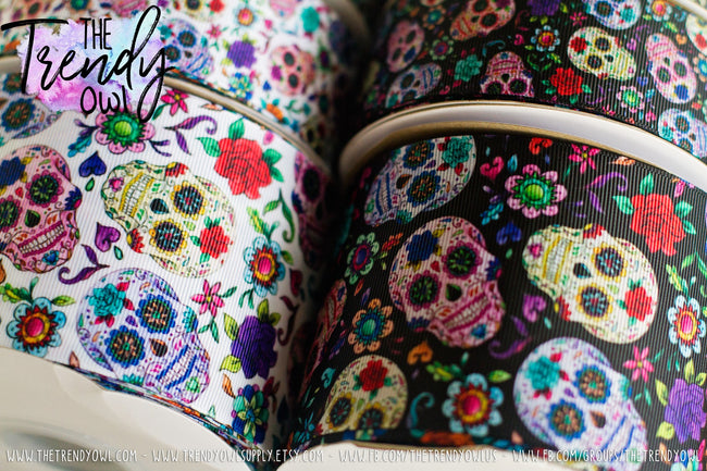 7/8", 1.5" & 3" White or Black Sugar Skulls - Heat Transfer - BY THE YARD