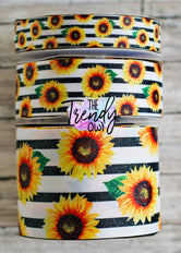 7/8", 1.5" & 3" Glittered Sunflowers on Black Stripes - Heat Transfer - BY THE YARD