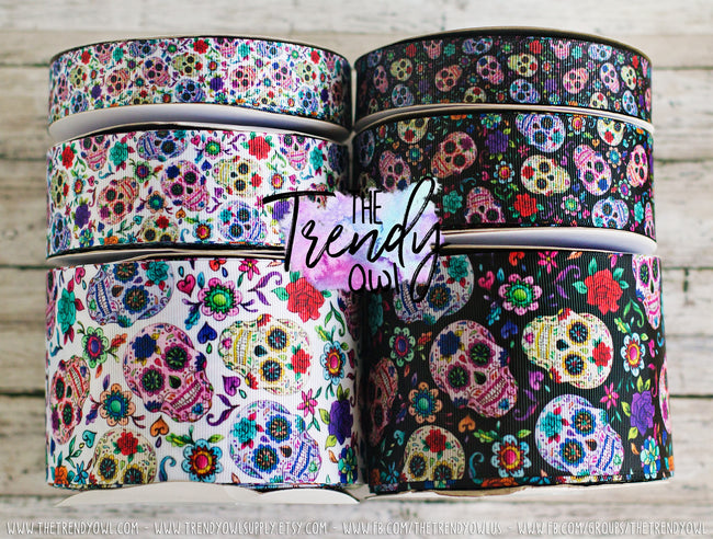 7/8", 1.5" & 3" White or Black Sugar Skulls - Heat Transfer - BY THE YARD