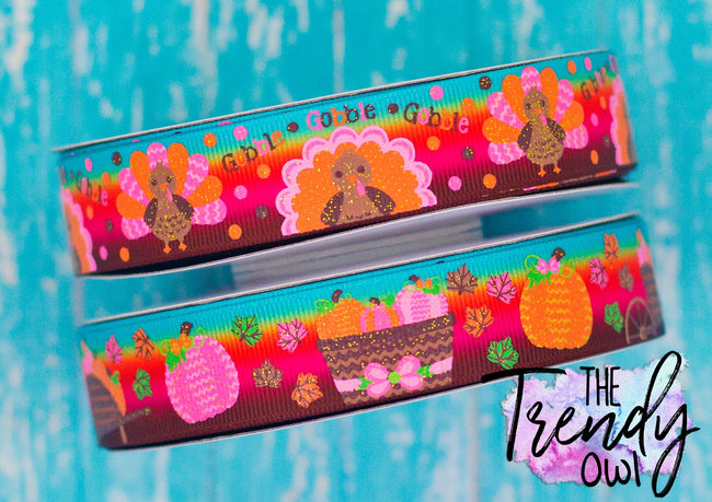 7/8" Fall Harvest Turkeys & Pumpkins - Ombre Heat Transfer - BY THE YARD
