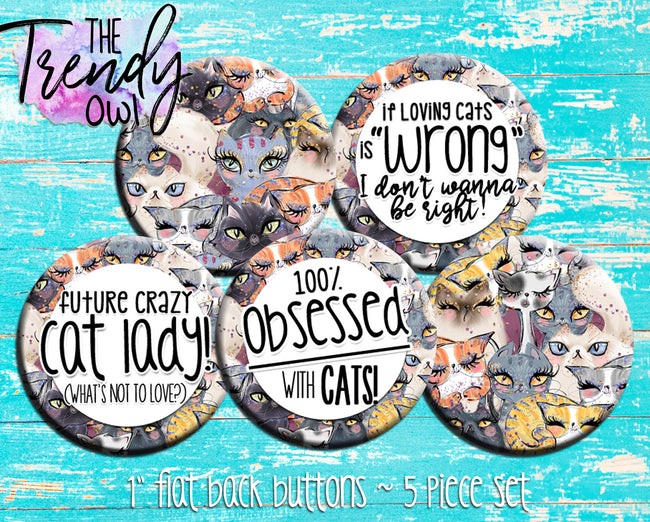 "Cat Craze" 1" Flat Back Buttons - 5pc