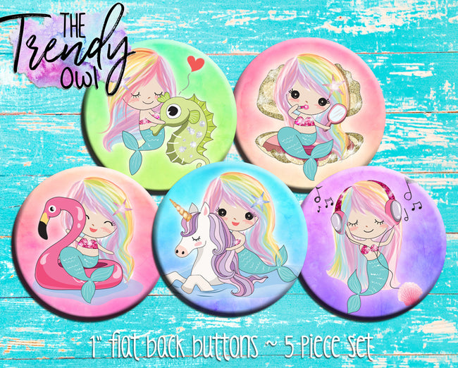 "Watercolor Rainbow Mermaids"  1" Flat Back Buttons - 5pc