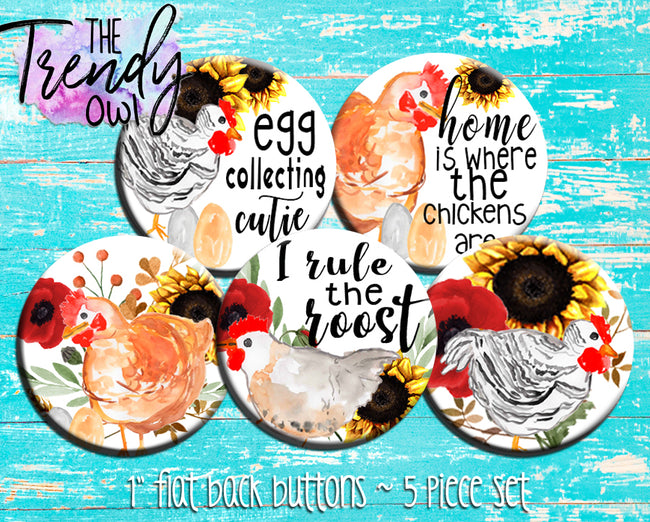 "Chickens!" 1" Flat Back Buttons - 5pc