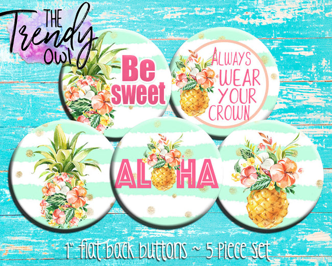"Mint Stripe Pinapples" 1" Flat Back Buttons - 5pc
