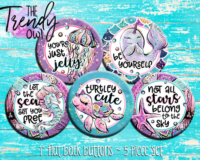 "Turtle-y Cute Sea Cuties" 1" Flat Back Buttons - 5pc