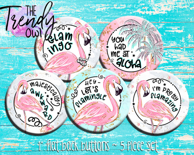 "Flamingo Glam" 1" Flat Back Buttons - 5pc