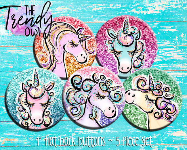 "Glitter Unicorns" 1" Flat Back Buttons - 5pc