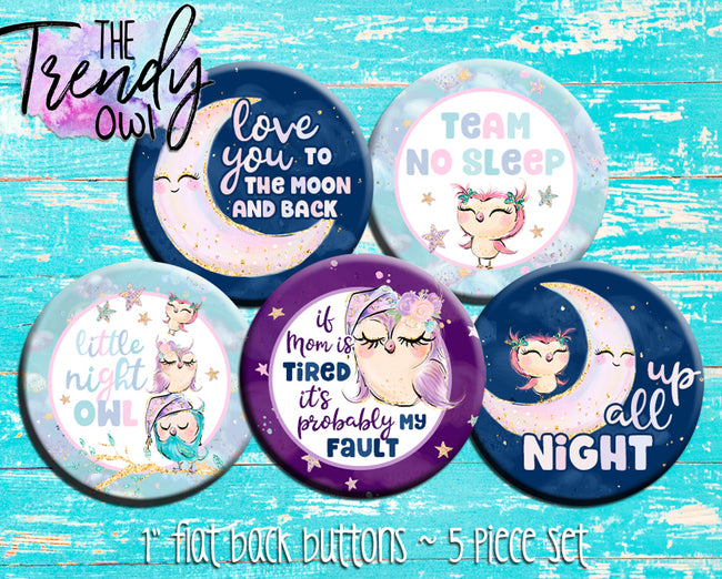 "Night Owls" 1" Flat Back Buttons - 5pc