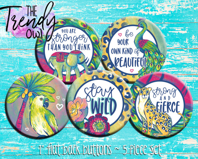"Wild Jungle Animals" 1" Flat Back Buttons - 5pc