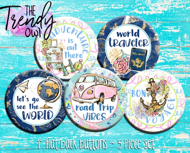 "Road Trip Travel" 1" Flat Back Buttons - 5pc