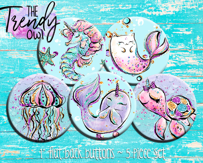 "Sea Cuties" 1" Flat Back Buttons - 5pc