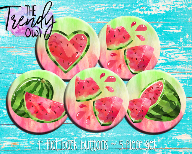 "Red Watercolor Watermelons" 1" Flat Back Buttons - 5pc