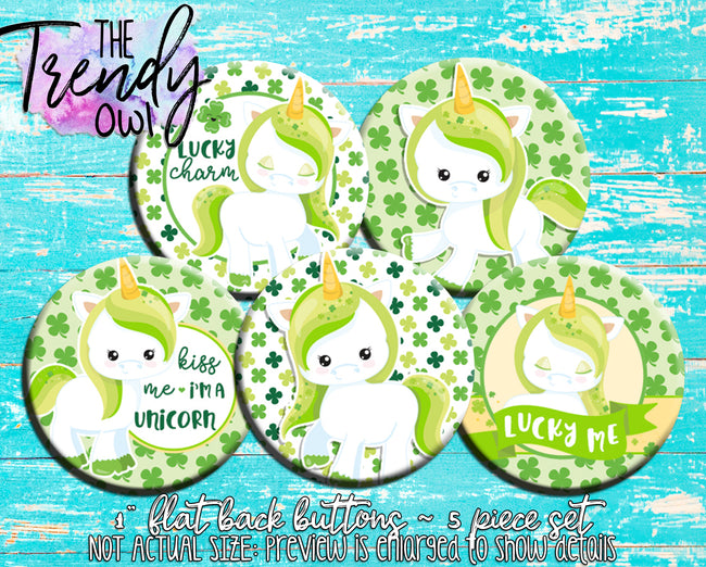 "St. Patrick's Day Unicorns" 1" Flat Back Buttons - 5pc